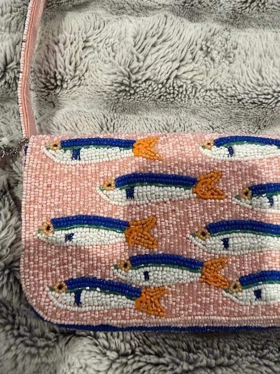 Beaded Fish Sardine purse  Bag in Pink with Blue & Orange Viral purse - Picture 3 of 5